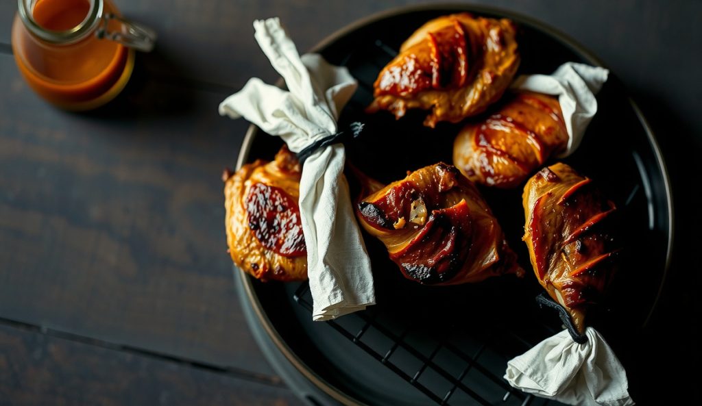 Smoked chicken lollipops with a dry matte mahogany bark and no glaze finish on a blackened wire rack, highlighting deep smoke and rub-only crust from a cherry-hickory blend.
