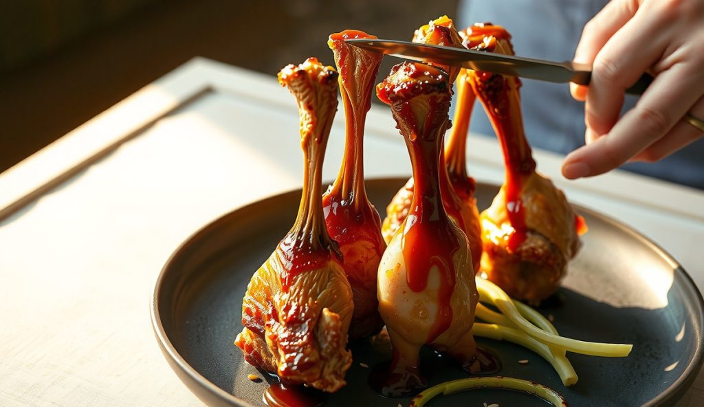 Six honey-bourbon glazed smoked chicken lollipops on a blackened wire rack, deep mahogany lacquer dripping, exposed frenched bones with foil tips, rising steam and scattered scallion garnish.