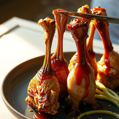 Six honey-bourbon glazed smoked chicken lollipops on a blackened wire rack, deep mahogany lacquer dripping, exposed frenched bones with foil tips, rising steam and scattered scallion garnish.