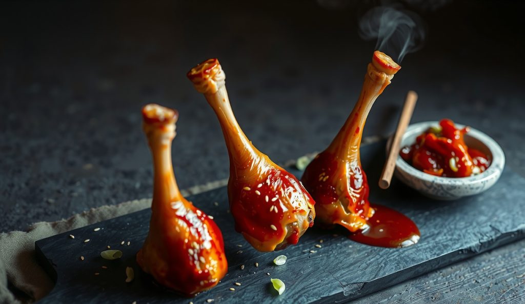Smoked chicken lollipops coated in a glossy crimson gochujang glaze with toasted sesame seeds and scallions on dark slate, with a stone bowl of gochujang paste showing the Korean-style adaptation.