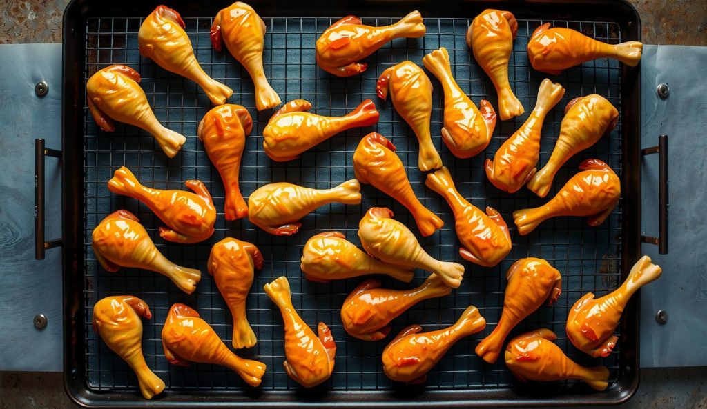 Twenty-four smoked chicken lollipops arranged in two rows on a large sheet pan with wire rack, showing consistent honey-lacquered glaze across all drumsticks in a party-size crowd-scale cook.