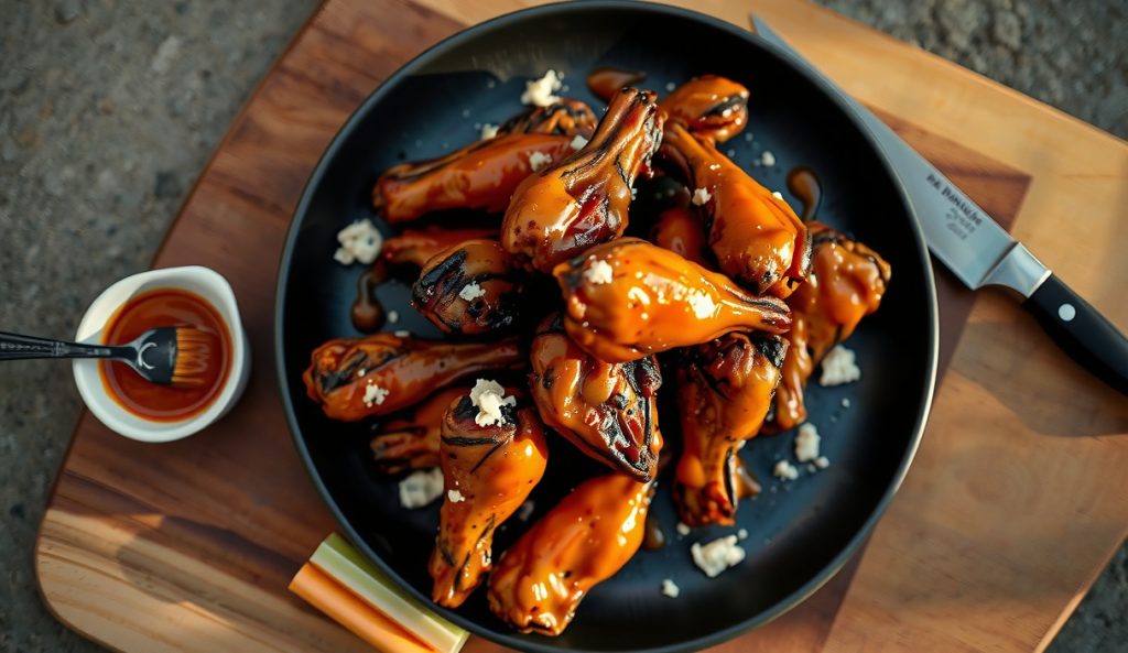 Smoked chicken wings coated in glossy orange-red Buffalo sauce on a dark stoneware plate, emulsified butter sheen visible, blue cheese crumbles and celery alongside, sauce ramekin in frame.
