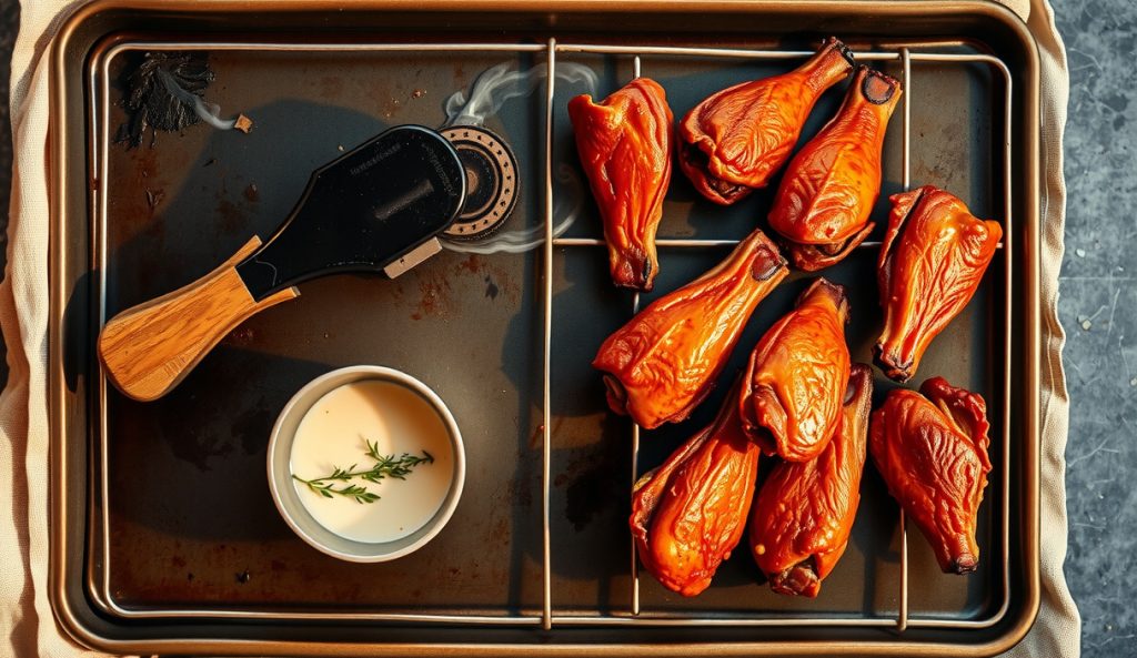 Smoked chicken wings on a blackened wire rack with crackled shatteringly thin skin in deep amber and mahogany tones, rendered fat pooling on the pan below, rising steam and a herb dipping sauce alongside