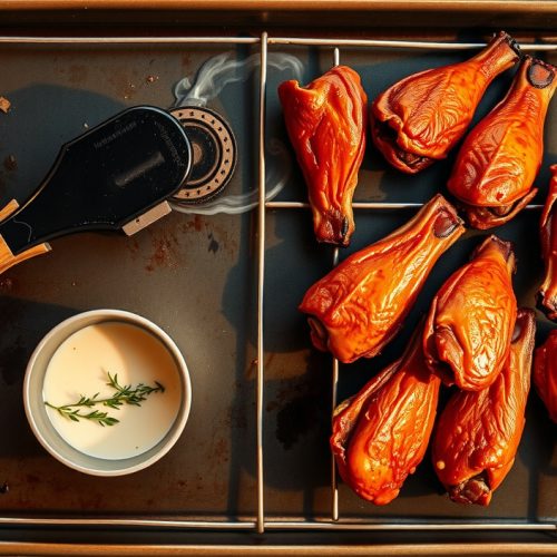 Smoked chicken wings on a blackened wire rack with crackled shatteringly thin skin in deep amber and mahogany tones, rendered fat pooling on the pan below, rising steam and a herb dipping sauce alongside