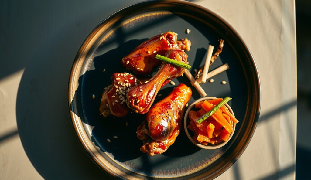Smoked chicken wings with gochujang-honey lacquer glaze on dark ceramic, caramelized red-brown coating, toasted sesame seeds and sliced scallions on top, kimchi side dish visible, Korean-style build.