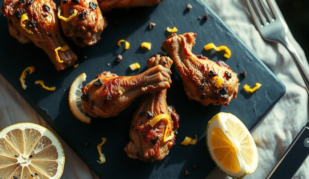Smoked chicken wings tossed in cracked black pepper and fresh lemon zest on a dark slate board, no sauce, dry lemon-pepper coating visible, microplane and lemon halves alongside.