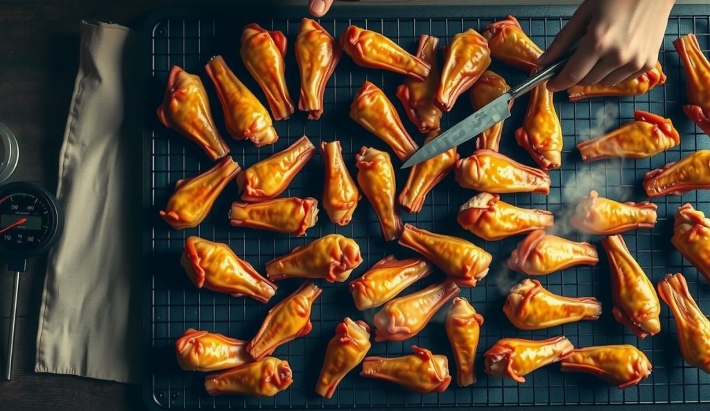 Large batch of smoked chicken wings covering a full wire rack on a charred sheet pan, dozens of pieces with crackling golden skin arranged in rows, rising steam visible, scaled-up party cook.