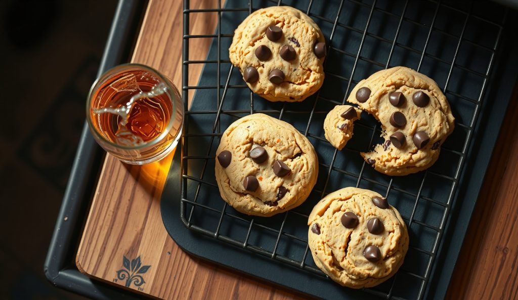Bourbon-smoked chocolate chip cookies on a wire rack over pellet grill grates, a rocks glass of bourbon beside them, cherry wood smoke drifting, cookies showing deep caramel-brown surfaces.