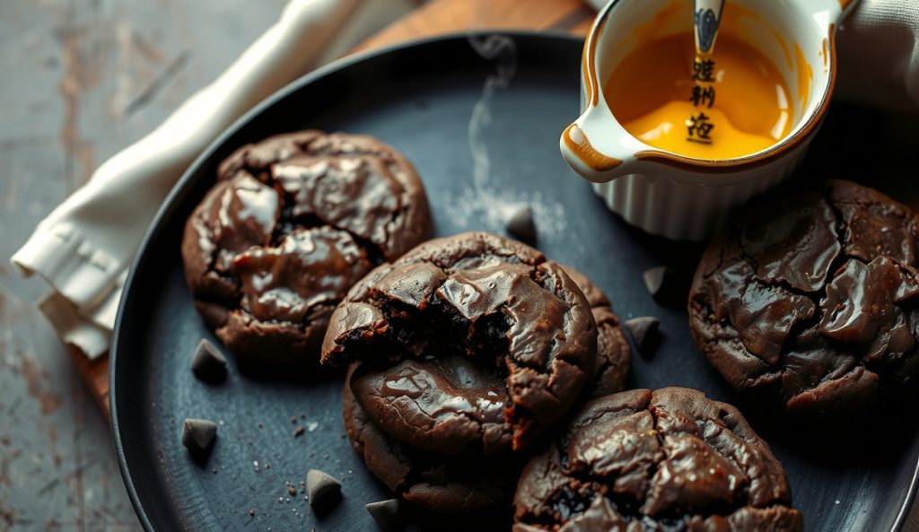 Brown butter and miso smoked chocolate chip cookies with intensely dark Maillard browning, a ramekin of white miso beside a browned-butter pan, one cookie broken open revealing chocolate interior.