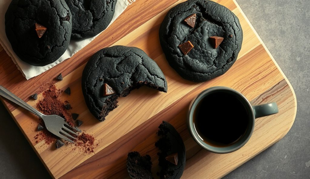 Espresso dark chocolate smoked cookies with near-black surfaces, 70% cacao chocolate chunk shards visible, instant espresso powder dusted alongside on butcher block, one cookie broken open.