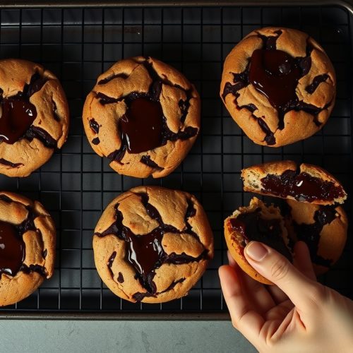 Six oversized smoked chocolate-chip cookies on a blackened wire rack, deep golden-brown edges, pools of melted dark chocolate, one broken open by hand showing gooey interior, faint smoke haze above the rack.
