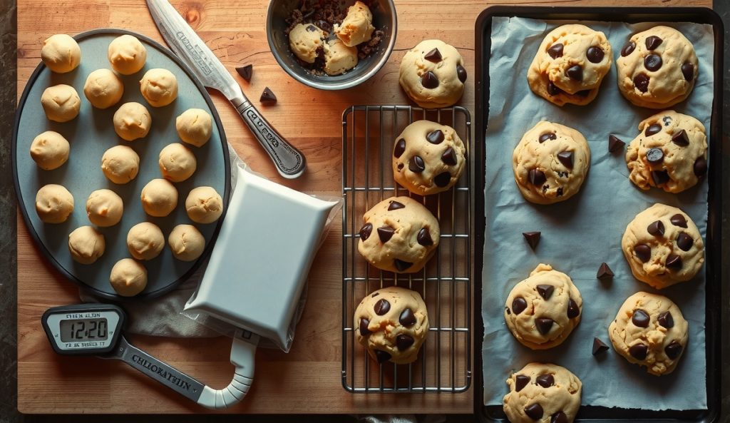 Scaled-up cookie batch with portioned raw dough balls on a freezer-ready sheet pan alongside baked smoked chocolate chip cookies cooling on a wire rack, scale visible for weight-based doubling.