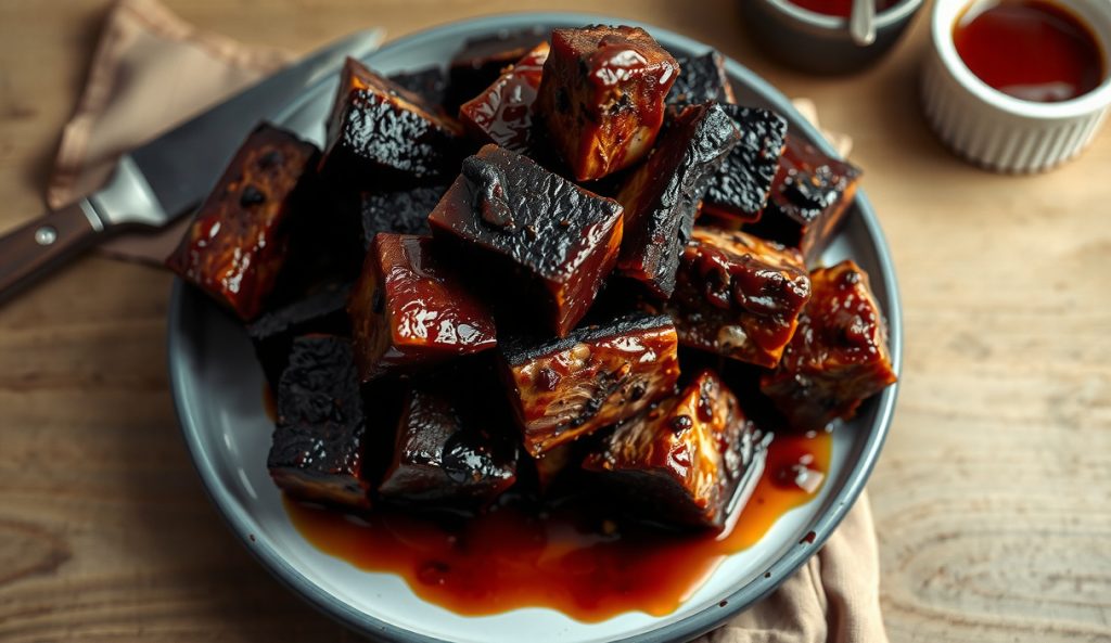 Smoked chuck roast burnt ends — caramelized sticky beef cubes with lacquered BBQ glaze piled on enamelware after a second smoke pass.