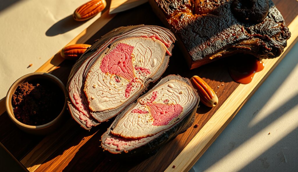 Smoked chuck roast with coffee-chili bark showing near-black espresso-ancho crust and pink smoke ring on a charred butcher block, espresso rub bowl alongside.