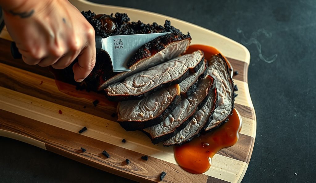 Sliced smoked chuck roast on a weathered butcher block, dark mahogany bark, deep pink smoke ring in every slice, gelatin-slick fork-tender fibers, juices pooling on the board, bark crumble bits scattered around.