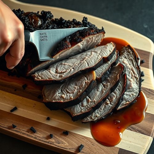 Sliced smoked chuck roast on a weathered butcher block, dark mahogany bark, deep pink smoke ring in every slice, gelatin-slick fork-tender fibers, juices pooling on the board, bark crumble bits scattered around.