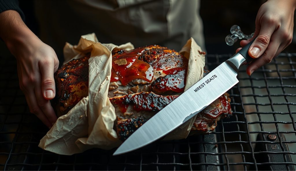A large 5-pound smoked chuck roast in double-layered butcher paper wrap on smoker grates, deep mahogany bark visible through the opened wrap.