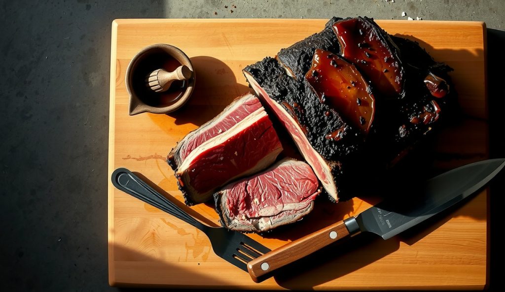 Texas-style smoked chuck roast with a minimalist salt-and-pepper bark, deep smoke ring visible on the sliced end, post oak log on a plain butcher block.