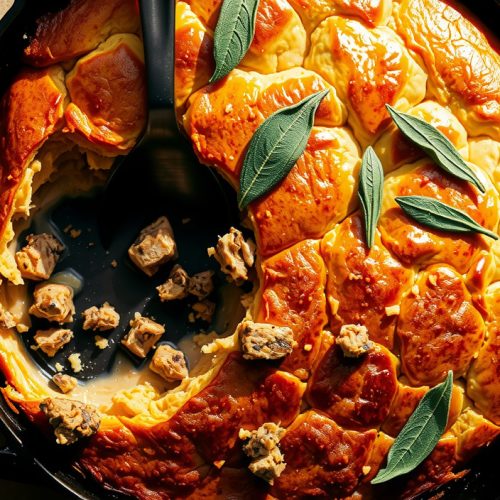Three-quarter overhead cast iron skillet of smoked cornbread dressing with a crackled golden crust, visible sausage pieces and sage leaves, one corner scooped to reveal the custardy interior.