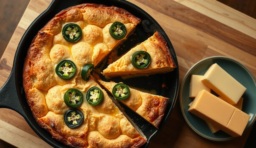 Jalapeño and smoked cheddar cornbread dressing in a cast-iron skillet, melted cheddar pooling through the crust, charred jalapeño rounds on top, a pulled wedge showing cheese pull inside.