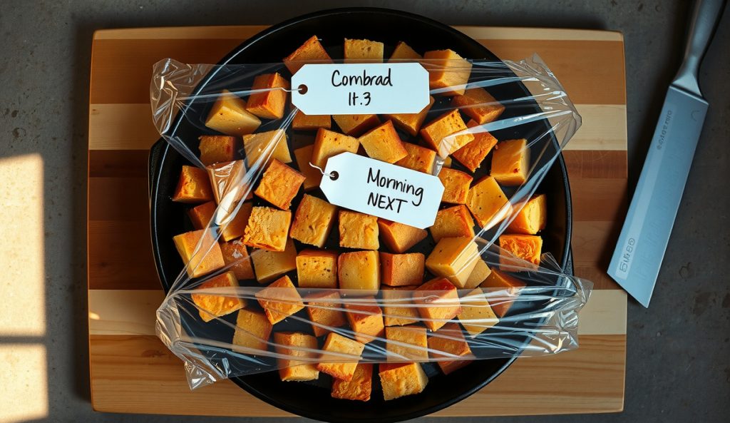 Assembled smoked cornbread dressing in a cast-iron skillet tightly wrapped in plastic, condensation on the wrap, a handwritten make-ahead date label resting on top before overnight refrigerating.