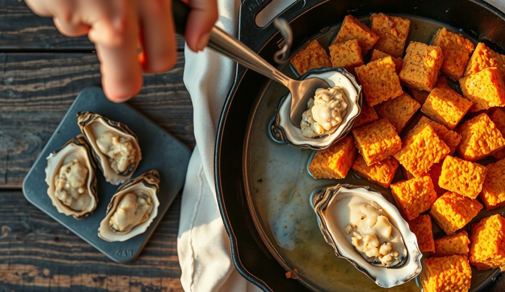 Smoked cornbread oyster dressing in a cast-iron skillet, raw shucked oysters and their liquor on a board beside it, one being folded into the dressing to show the oceanic addition.