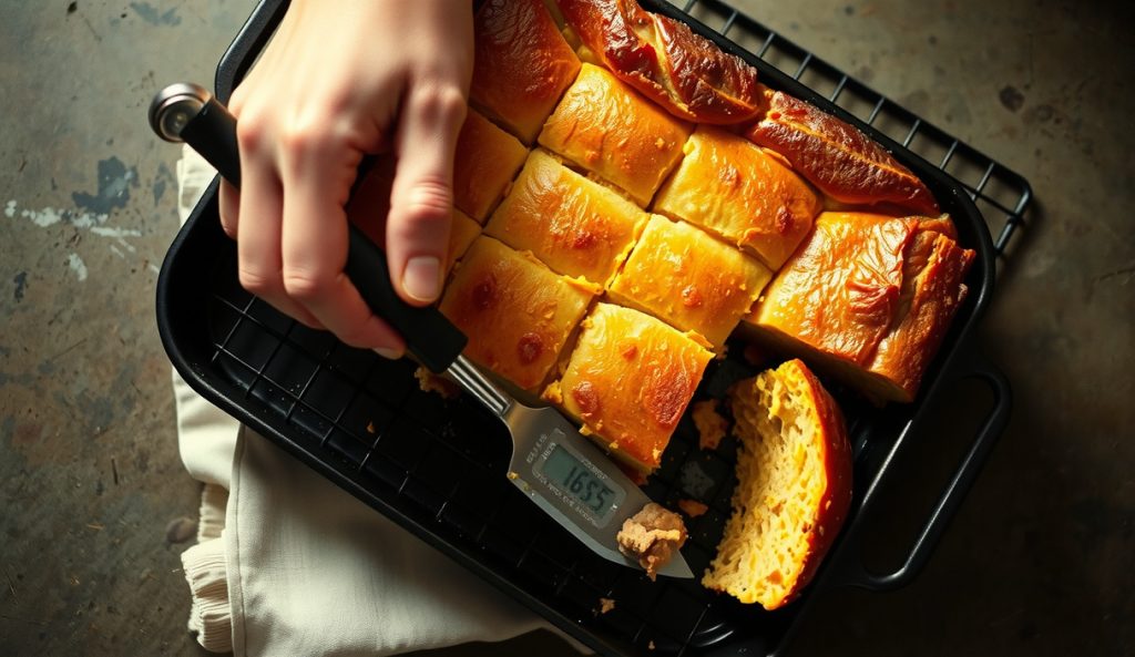 A full 9x13 pan of smoked cornbread dressing with sausage and sage on a wire rack, golden-brown crust, steam rising, and a probe thermometer inserted at the center for crowd-scale doneness.