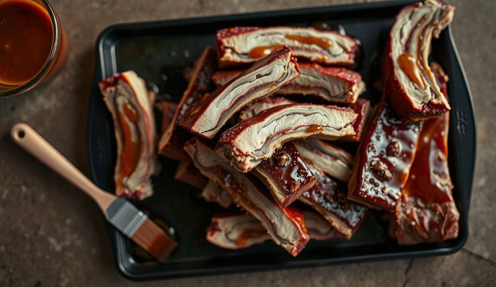 Smoked country-style pork ribs piled on a charred sheet pan, dark mahogany bark with BBQ-sauce lacquer, smoke ring visible in the sliced face, collagen-rich meat pulling apart, rendered gelatin sheen glistening.