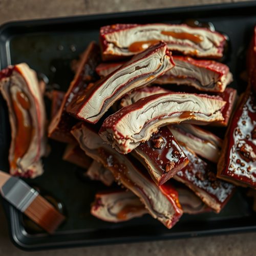 Smoked country-style pork ribs piled on a charred sheet pan, dark mahogany bark with BBQ-sauce lacquer, smoke ring visible in the sliced face, collagen-rich meat pulling apart, rendered gelatin sheen glistening.