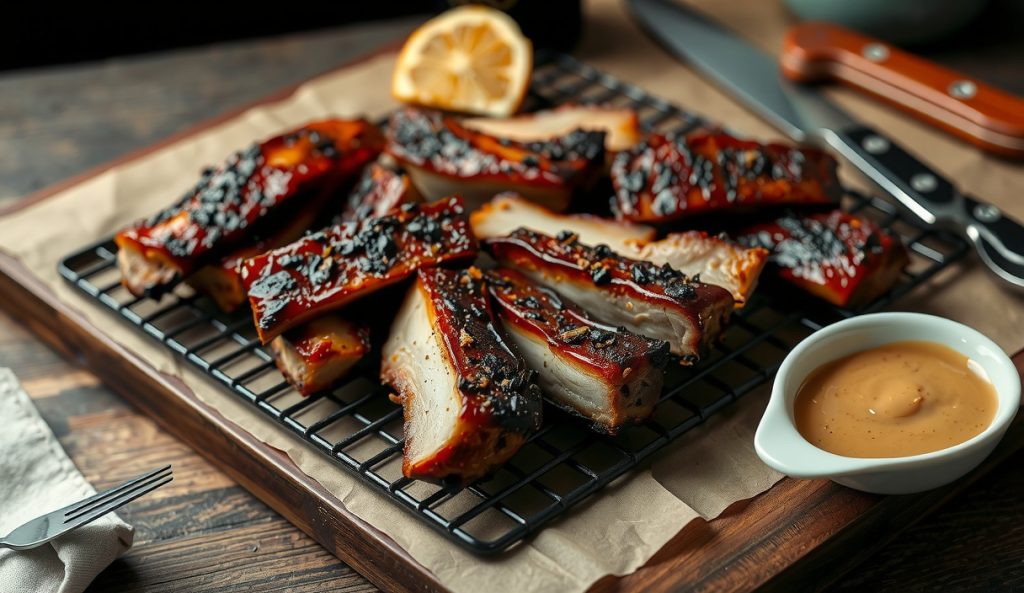 Gluten-free smoked country-style pork ribs on blackened wire rack showing deep smoke bark and visible smoke ring on cut end, gluten-free rub granules visible, small GF sauce ramekin alongside.