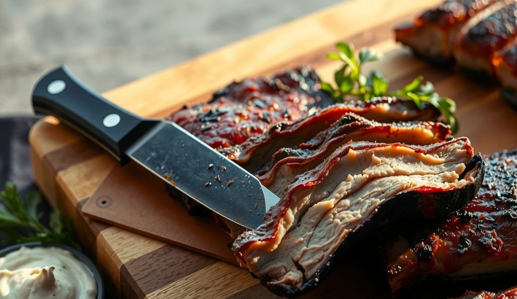 Keto smoked country-style pork ribs on butcher block with sugar-free rub bark glistening with rendered fat, no sweet glaze, juice beading along cut edges, net-carb rub ingredients visible alongside.