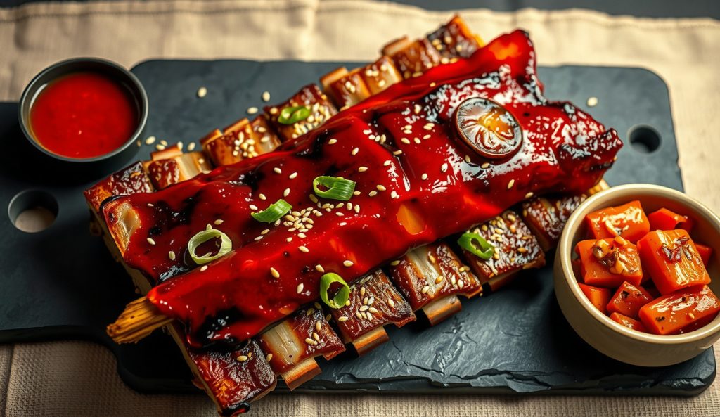 Korean-style smoked country-style pork ribs lacquered in gochujang-soy glaze, topped with sesame seeds and scallion, served alongside kimchi on a dark slate board.