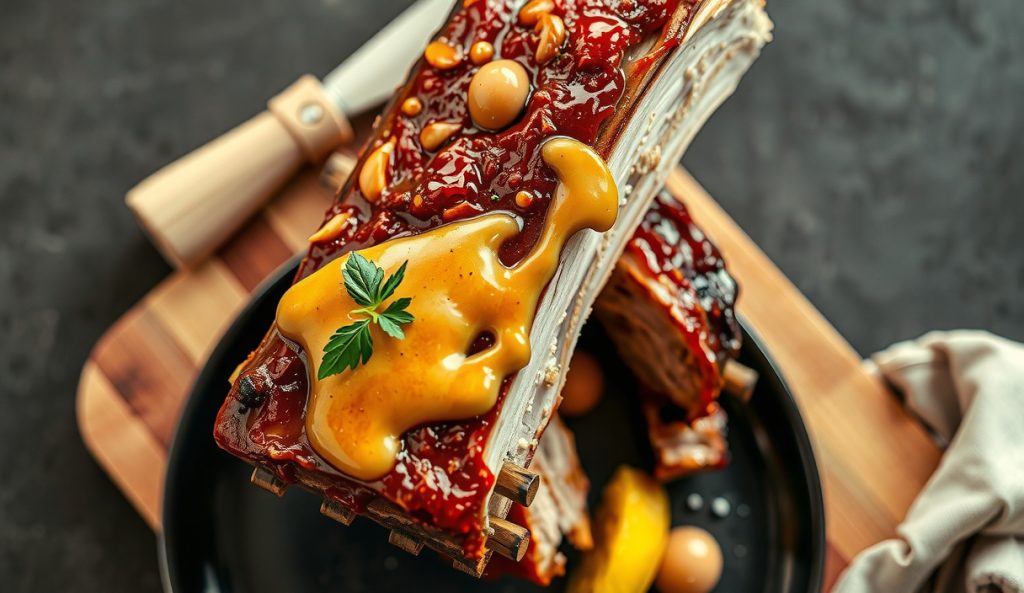 Low-sodium smoked country-style pork ribs with a light no-salt-added BBQ glaze and tender pulled texture on dark stoneware, styled for a heart-conscious presentation.