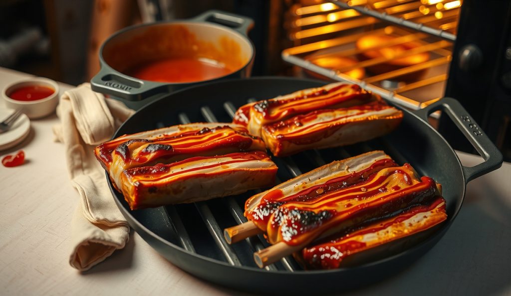 Country-style pork ribs with a caramelized crust on a wire rack in a roasting pan inside a home oven, showing the oven-only apartment-friendly method without a smoker or smoke ring.