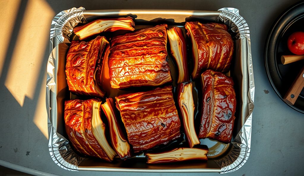 Two foil pans of smoked country-style pork ribs glistening with braising juices and sauce in a six-to-eight-pound crowd-scale batch, with steam rising, photographed from above.