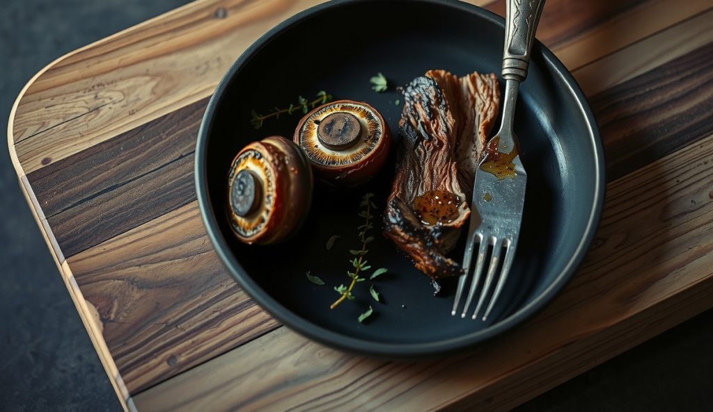 Vegetarian companion: thick smoked celeriac and portobello slabs with paprika dry rub crust and char marks on dark stoneware, sliced cross-section showing meaty texture, fresh thyme and vinegar drizzle.