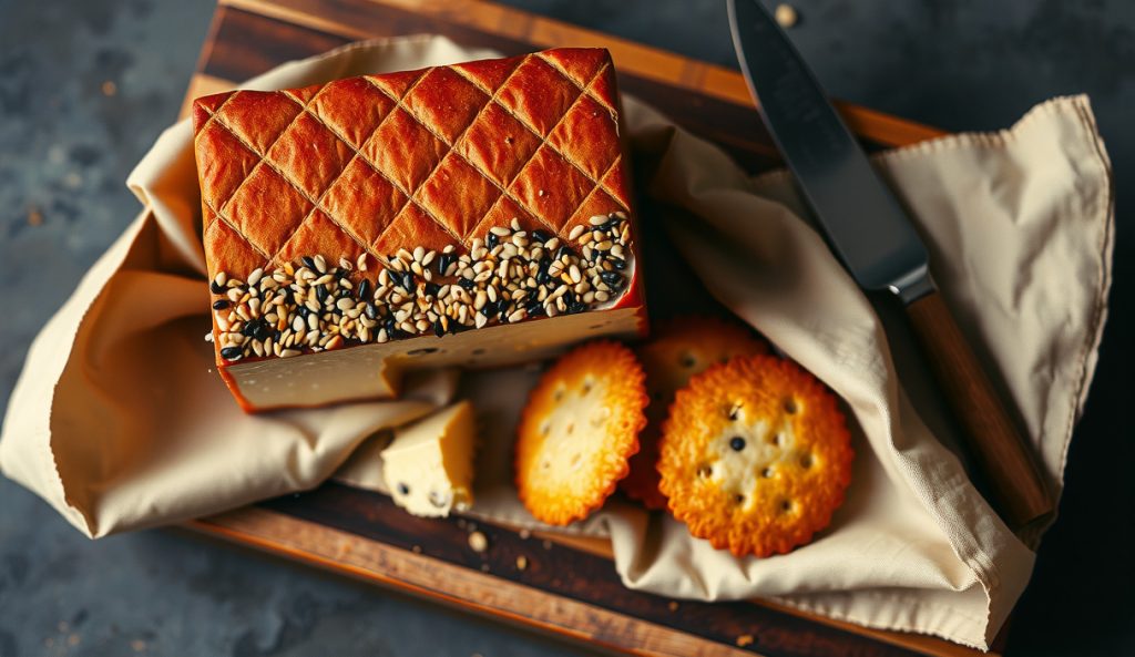 Three-quarter view of a smoked cream cheese block on a butcher block with deep crosshatch cuts, toasted everything-bagel seasoning crust, slight golden smoke color, served alongside fanned crackers.