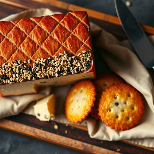 Three-quarter view of a smoked cream cheese block on a butcher block with deep crosshatch cuts, toasted everything-bagel seasoning crust, slight golden smoke color, served alongside fanned crackers.