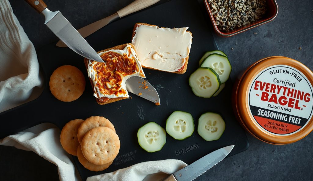 Gluten-free smoked cream cheese with everything-bagel crust served with rice crackers and cucumber rounds instead of wheat crackers, with a certified gluten-free seasoning tin visible beside the smoky block.