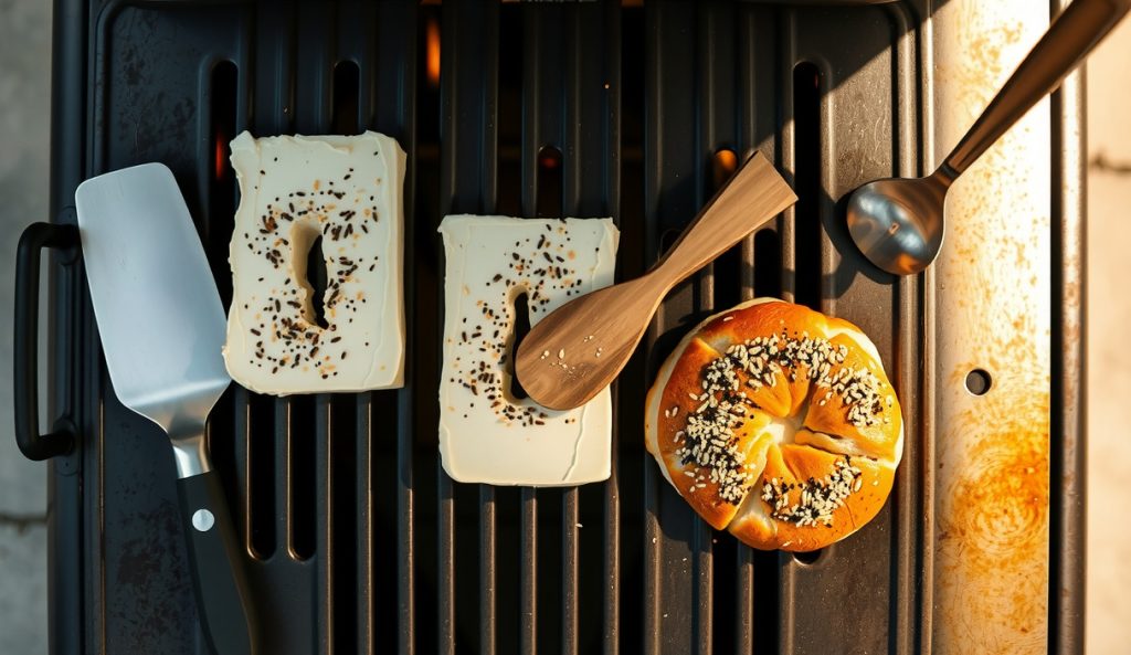 Three 8oz smoked cream cheese blocks with everything-bagel crusts arranged with even spacing on a pellet grill grate, showing the scaled-up simultaneous cook for crowd feeding with uniform crust development.