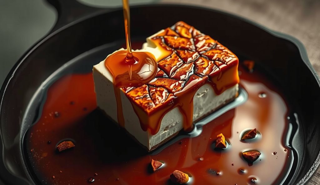 Sweet-heat smoked cream cheese with a shattering brown sugar and ancho chili lacquer crust in a cast iron skillet, honey drizzled over cracked caramel surface with Calabrian chili flakes, showing bold contrast to the classic crust.