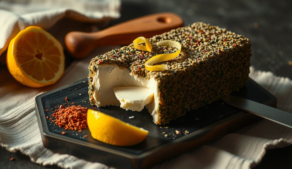 Za'atar and lemon-crusted smoked cream cheese with a vibrant green herb crust on dark stoneware, fresh lemon zest curls on top and sumac-pink edges, with a knife-cut corner revealing the creamy interior.