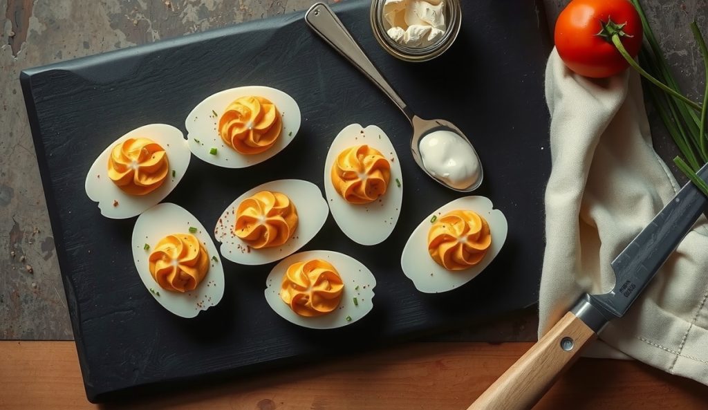 Smoked deviled eggs filled with a crème fraîche-mayo blend, piped in a star pattern on dark slate beside an open jar of crème fraîche, dusted with smoked paprika.
