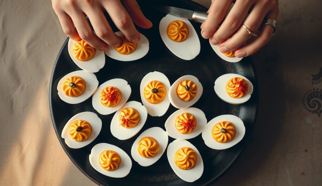 Top-down view of smoked deviled eggs on dark stoneware, whites with a subtle amber smoke blush, filled with golden yolk mixture and dusted with smoked paprika, hands placing the final egg.