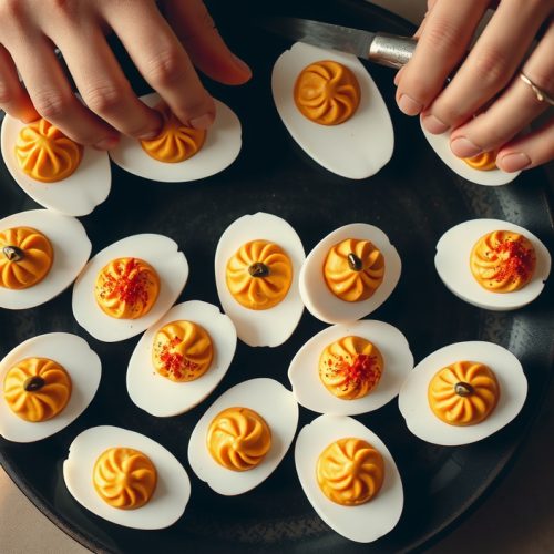 Top-down view of smoked deviled eggs on dark stoneware, whites with a subtle amber smoke blush, filled with golden yolk mixture and dusted with smoked paprika, hands placing the final egg.