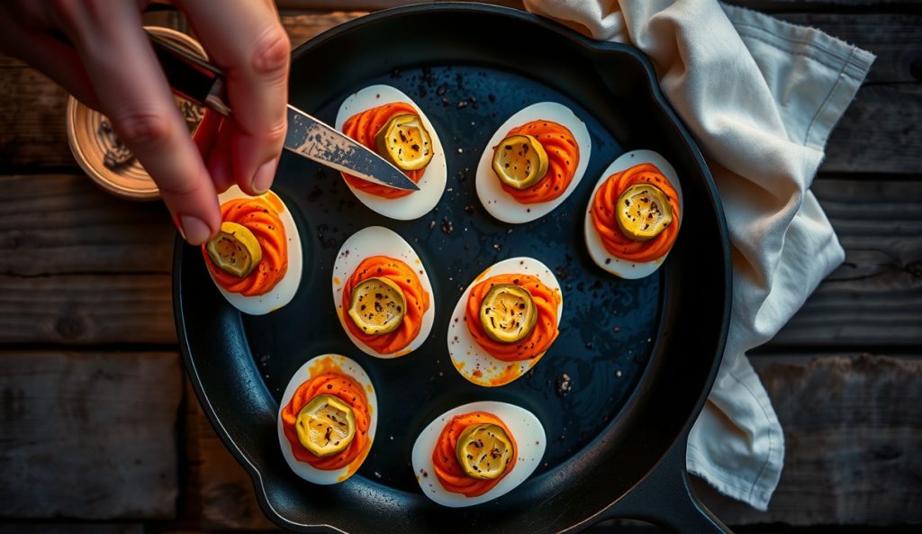 Nashville hot smoked deviled eggs with deep amber cayenne-brown sugar filling, each topped with a dill pickle chip, glistening with cayenne oil on a cast-iron skillet.