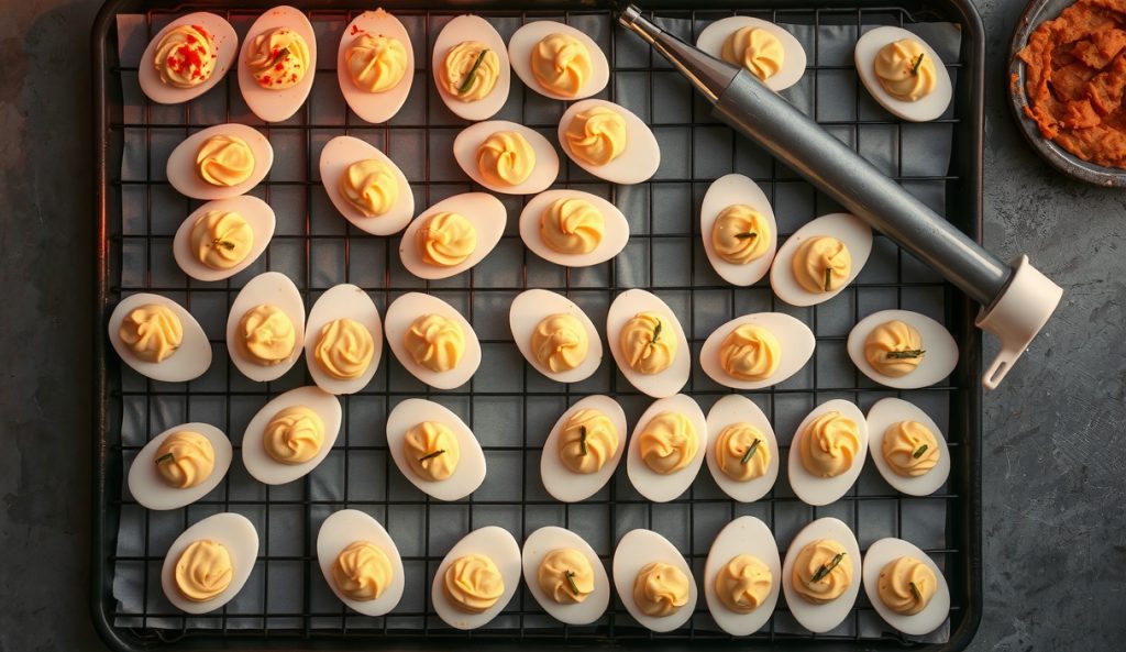 Twenty-four smoked deviled eggs in even rows on a half-sheet pan, uniformly piped with pale-gold filling, a piping bag resting at the edge, paprika garnish across the batch.