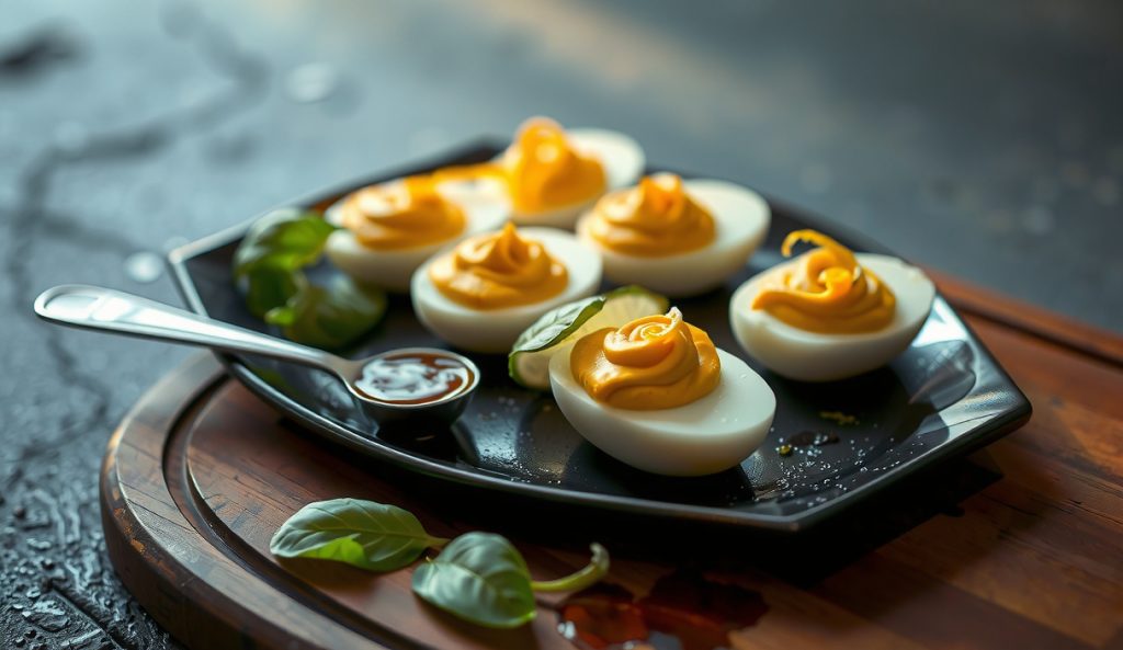 Southeast Asian-style smoked deviled eggs with Sriracha-spiked filling, curled lime zest, fresh Thai basil leaves, and a small ramekin of fish sauce on a dark ceramic plate.