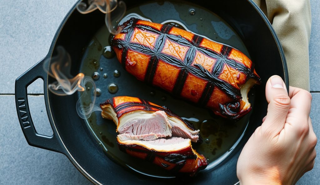 Smoked duck breasts in a cast iron skillet, lacquered mahogany crosshatch-scored skin rendered crisp, one sliced to show blushing medium-rare interior with smoke ring, duck fat pooling golden in the skillet, smoke rising.