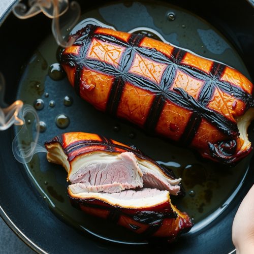 Smoked duck breasts in a cast iron skillet, lacquered mahogany crosshatch-scored skin rendered crisp, one sliced to show blushing medium-rare interior with smoke ring, duck fat pooling golden in the skillet, smoke rising.